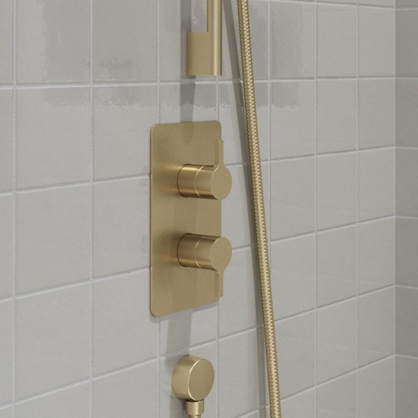 product lifestyle image of Britton Hoxton 2.0 Brushed Brass 1 Outlet 2 Handle Shower Valve without Diverter HOX1000RF